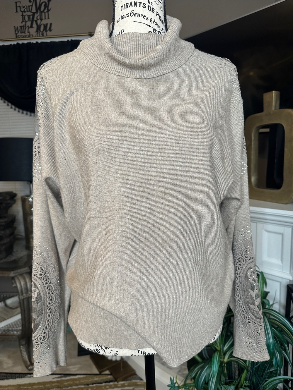 🔥🔥🔥Milano Light Taupe Turtleneck Sweater with Lace-Trim Sleeves